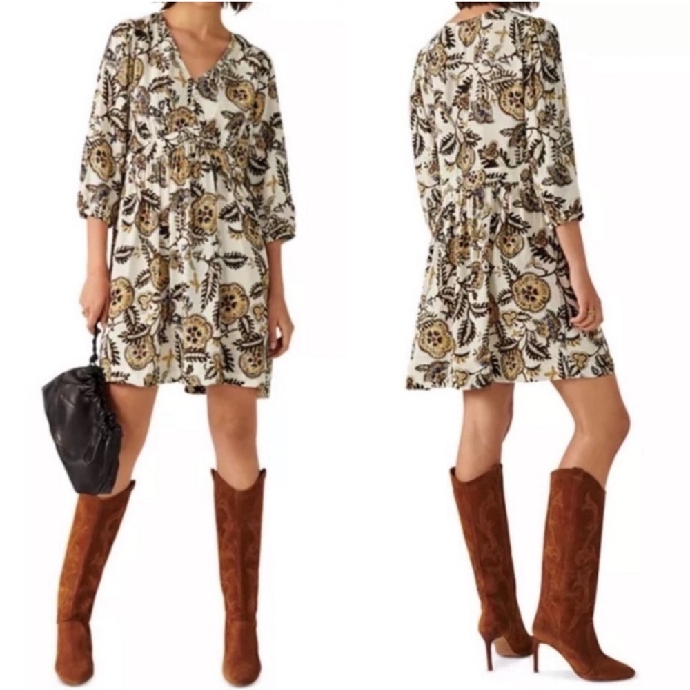 ba&sh Floral Print Mini Dress - Cream and Brown Small / 4 / Size 1